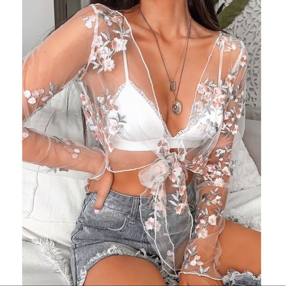 NWT Floral Embroidered Crop Mesh Top - Picture 7 of 10